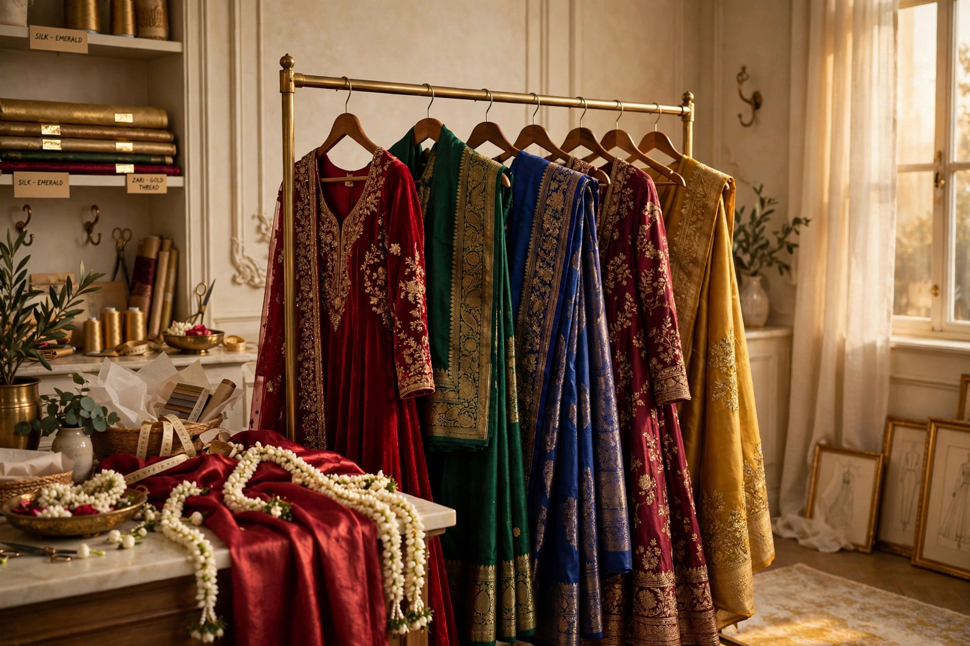 The Festival collection: a brass rail of festive dresses and silk sarees in ruby, emerald, royal blue, maroon and mustard gold with zari borders, in a sunlit atelier with jasmine garlands