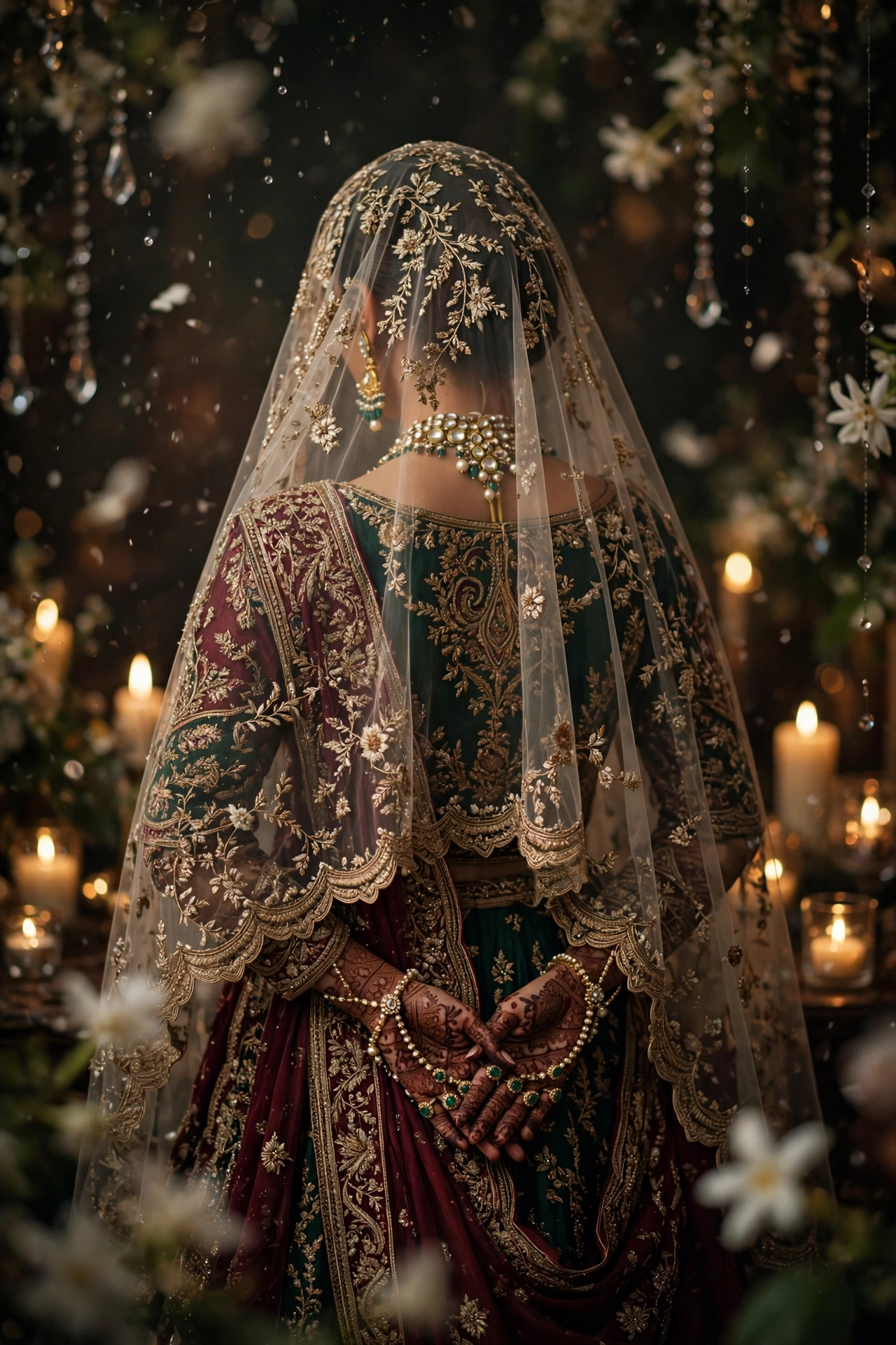 A bride seen from behind beneath a sheer embroidered veil, in an emerald and maroon bridal lehenga with gold zardozi, kundan jewellery at her neck, her hennaed hands joined with hand chains and emerald rings, among candles and jasmine