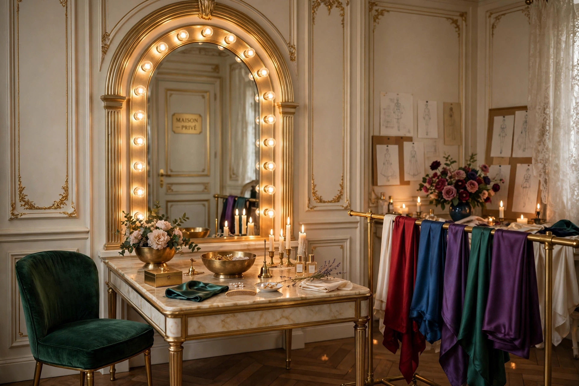 The private salon of the maison: an arched mirror ringed with warm lights, an emerald velvet chair, a marble dressing table with brass bowls and candles, and jewel-tone silks waiting on a rail